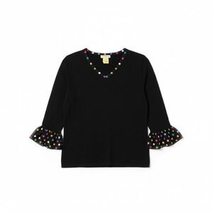 Eric Spencer Womens Black Polka Dot Trim Ruffle Cuff V-Neck Knit Top Size M